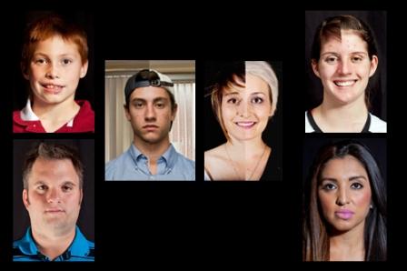 Composites of mirror twins. Clockwise from left: Peyton and Parker Pelletier, Zach and Derek Francis, Sydney and Taylor Lehman, Julie and Marie Fleming, Ariadna and Adriana Mencias, Patrick and Ryan Finley.
